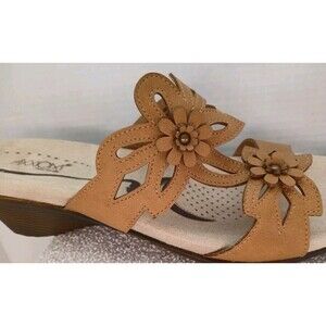 AXXIOIXI  BROWN DOUBLE STRAP FLOWER Wedge WOMENS 11M Sandals Rum Raisin